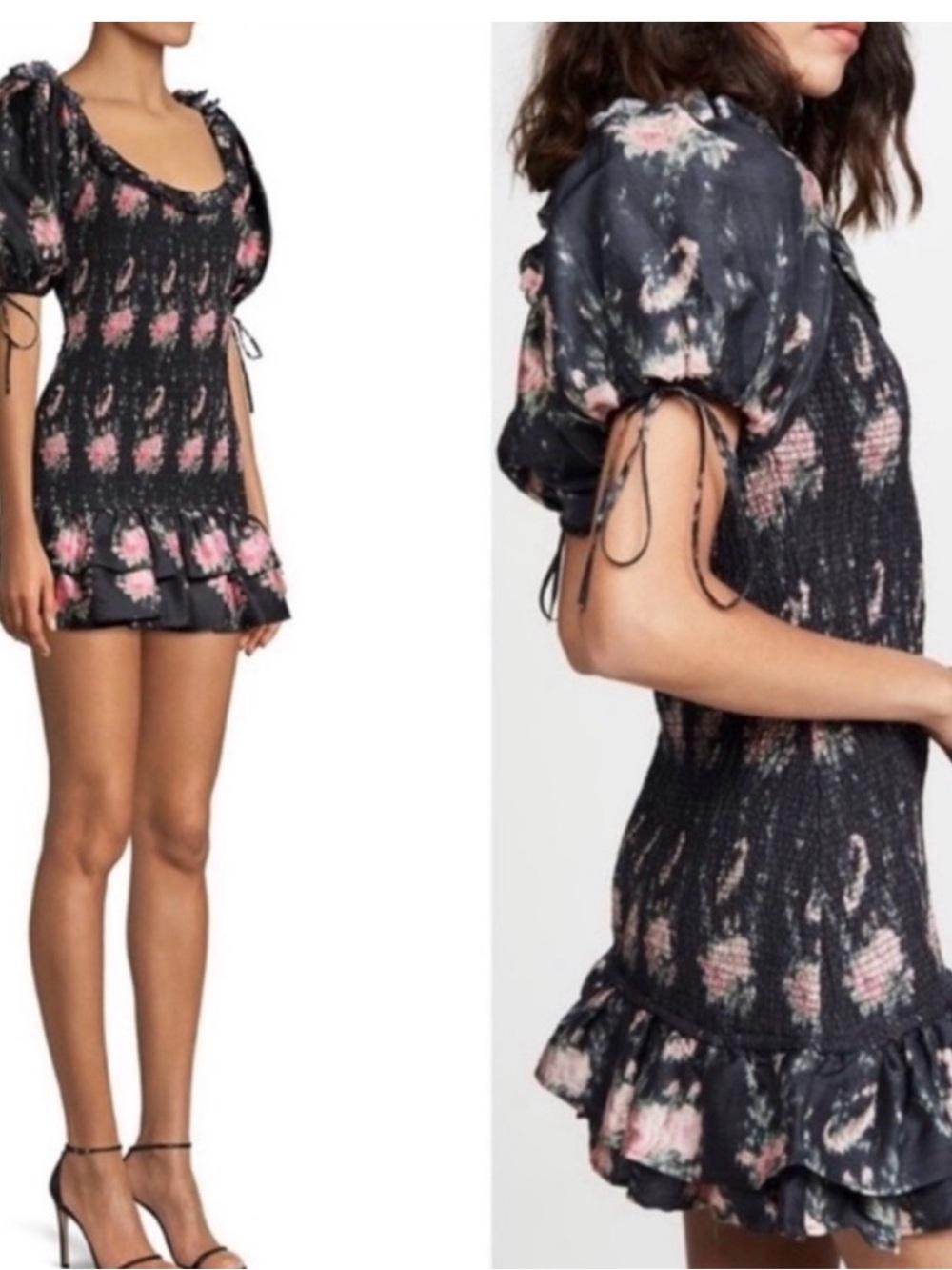 LoveShackFancy Black Floral Smocked Mini Dress with Puff Sleeves size M - Picture 2 of 5